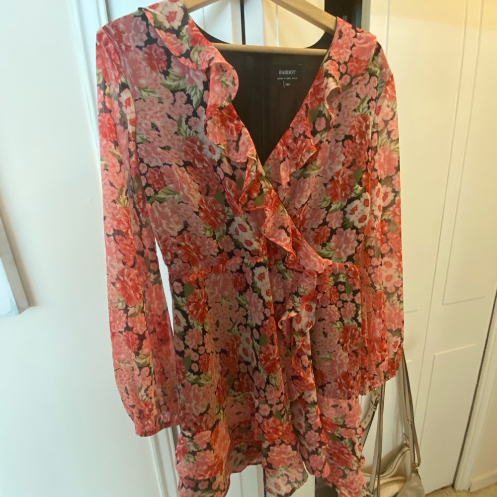 Bardot Floral Mini Dress in Coral Pink and Green
